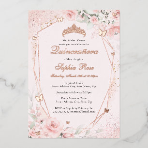 Invitation En Aluminium Blush Rose Gold Papillon Floral Quinceanera