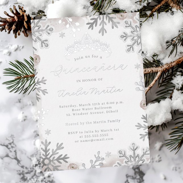 Invitation En Aluminium Blush Silver Beige Flocon de neige Quinceanera (Créateur téléchargé)
