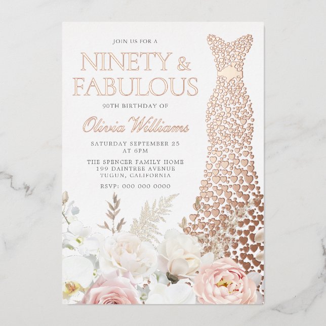 Invitation En Aluminium Blush & White 90th Birthday Party Real Rose Gold (Recto)