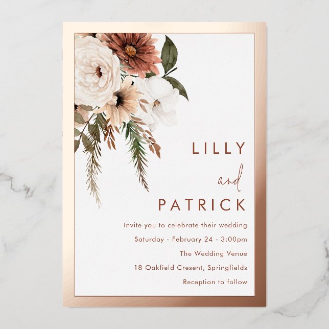 Invitation En Aluminium Bohème Floral Terracotta Mariage Rose Or (Recto)
