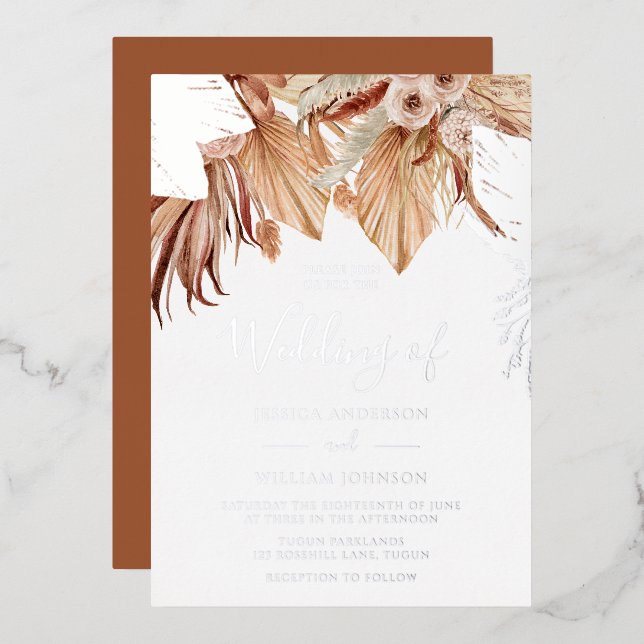 Invitation En Aluminium Bohème séché Floral Mariage Argent (Recto/Verso)