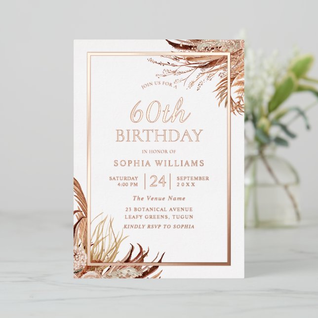 Invitation En Aluminium Bohemian Boho 60e anniversaire Rose de fête d'or (Debout devant)