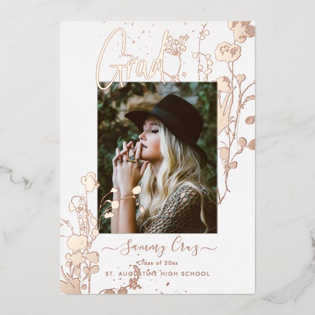 Invitation En Aluminium Boho Aquarelle Fleurs sauvages Graduation Rose Or (Recto)