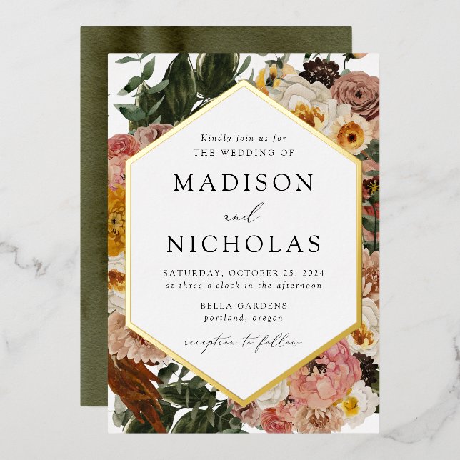 Invitation En Aluminium Boho Automne Floral Mariage de cadre géométrique (Recto/Verso)