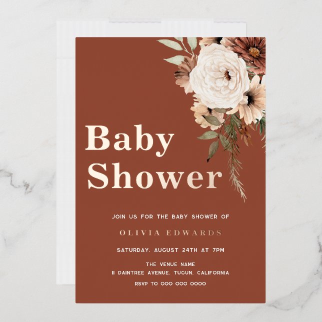 Invitation En Aluminium Boho Blanc Floral Terracotta Baby shower Rose Or (Enveloppe)