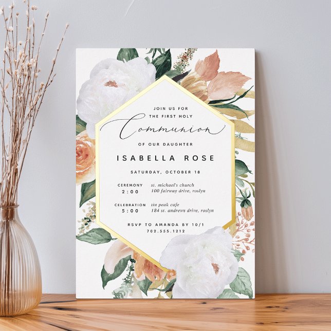 Invitation En Aluminium Boho Blooms Floral Moderne Première Sainte Communi (Créateur téléchargé)