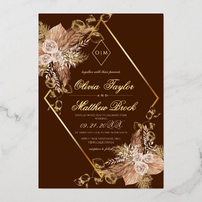 Invitation En Aluminium Boho Burgundy Diamond Gold Mariage Foil (Recto)