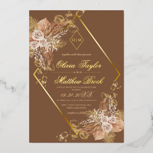 Invitation En Aluminium Boho Burn Orange Diamond Gold Mariage Foil (Recto)