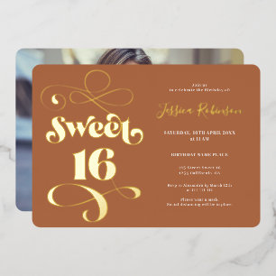 Invitation En Aluminium Boho en terre cuite retro script photo Sweet 16