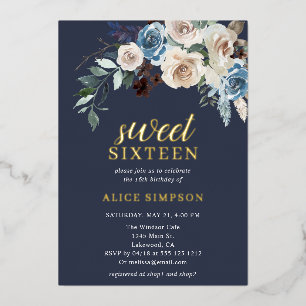 Invitation En Aluminium Boho Fleurs Bleues Feuilles Séchées Sweet 16