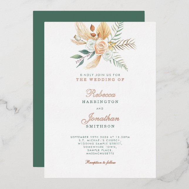 Invitation En Aluminium Boho Floral Rustique Vert Mariage en bronze or (Recto/Verso)