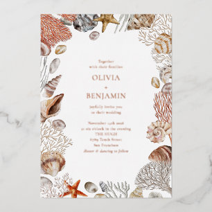Invitation En Aluminium Boho Océan Coquillages Corail Plage Mariage Rose G