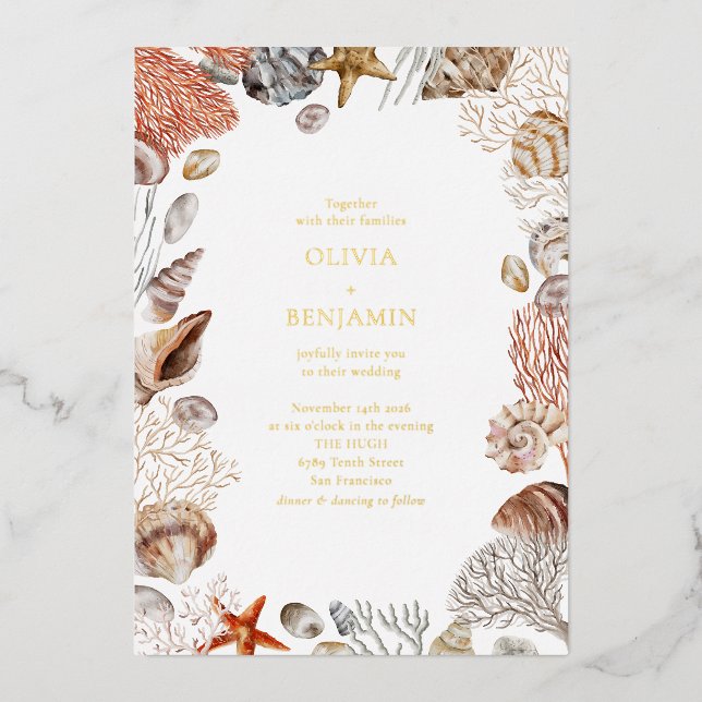 Invitation En Aluminium Boho Ocean Seashells Coral Beach Mariage unique (Recto)