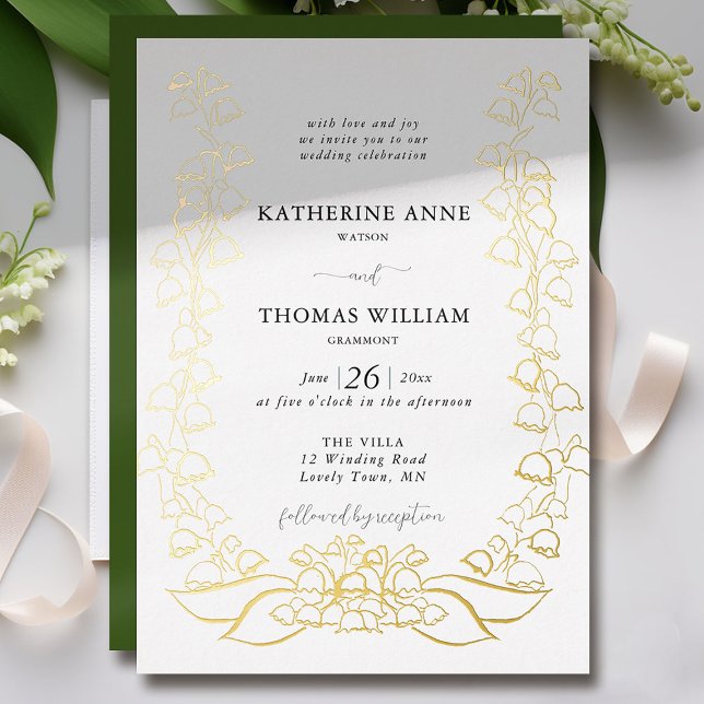 Invitation En Aluminium Boho Romantic Floral croquis Lily de Vallée Mariag (lily of the valley wedding invitation boho romantic casual formal elegant gold foil floral sketch)