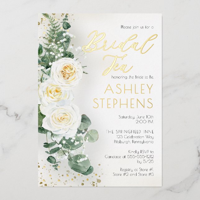 Invitation En Aluminium Boho Rose florale blanche | Thé nuptial Eucalyptus (Recto)