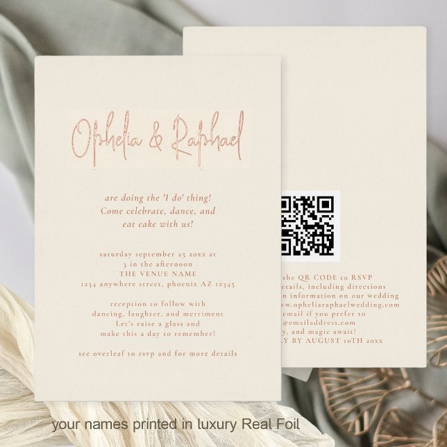 Invitation En Aluminium Boho Script QR Code Cream Mariage de luxe Real (Front and Back View. Luxury real foil for names in rose gold, gold or silver)