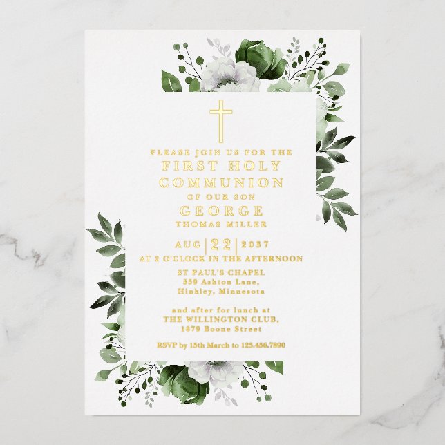 Invitation En Aluminium Boho Vert Floral Première Communion Sainte Or (Recto)