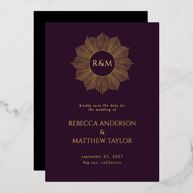 Invitation En Aluminium Boho violet Celestial Sun Monogramme Date de sauve (Recto/Verso)