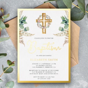 Invitation En Aluminium Bois Croix Bohème Pampas Eucalyptus Baptême Or