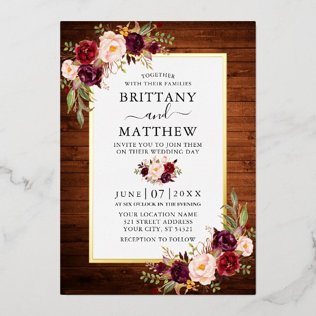 Invitation En Aluminium Bois rustique Aquarelle Mariage Floral Or (Recto)