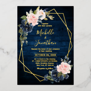 Invitation En Aluminium Bois Rustique Bleu Nuit Rose Poudré Mariage Géomét