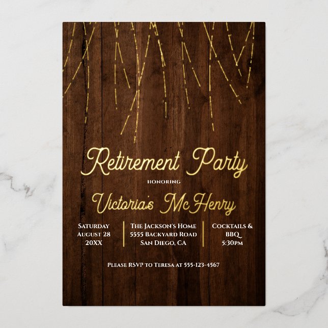 Invitation En Aluminium Bois rustique Chaîne de lumières Parti de retraite (Recto)