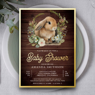 Invitation En Aluminium Bois rustique Cute Bunny Baby shower Floral Or