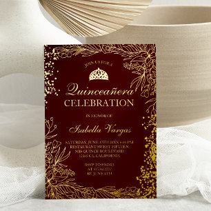 Invitation En Aluminium Bordeaux rouge or Tiara chic Quinceanera
