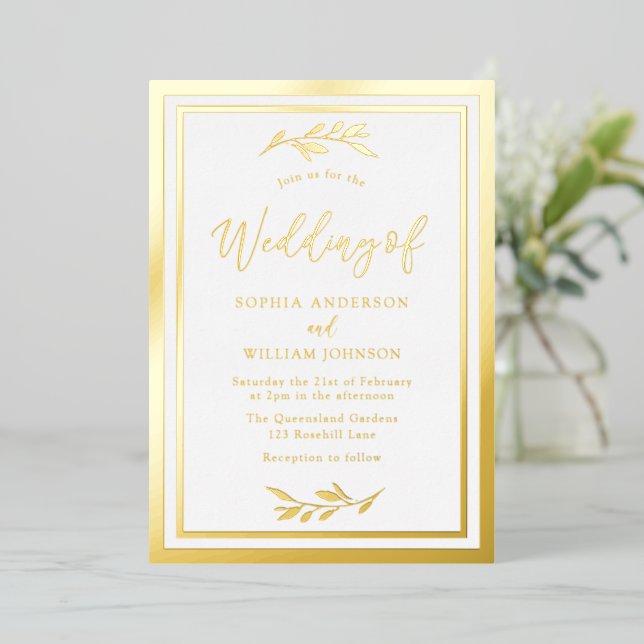 Invitation En Aluminium Bordure élégante feuille d'or Mariage moderne (Debout devant)