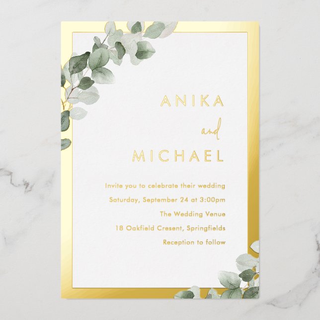Invitation En Aluminium Bordure or Mariage feuille verte Sage (Recto)