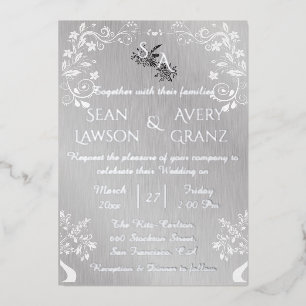 Invitation En Aluminium Bordure Ornementale Vintage Argent-Blanc en Feuill