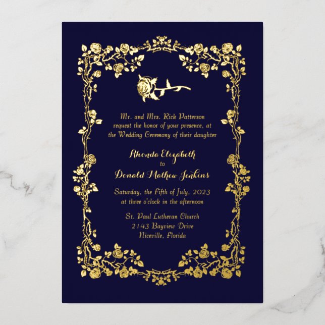 Invitation En Aluminium Bordure Rose ornée bleu foncé Regency (Recto)