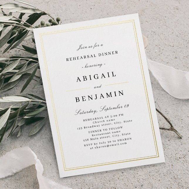 Invitation En Aluminium Bordures dorées élégantes pour dîner de répétition (Elegant gold borders minimalist rehearsal dinner foil invitation)
