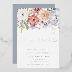 Invitation En Aluminium Botanique Dusty Blue Quinceanera Party Argent