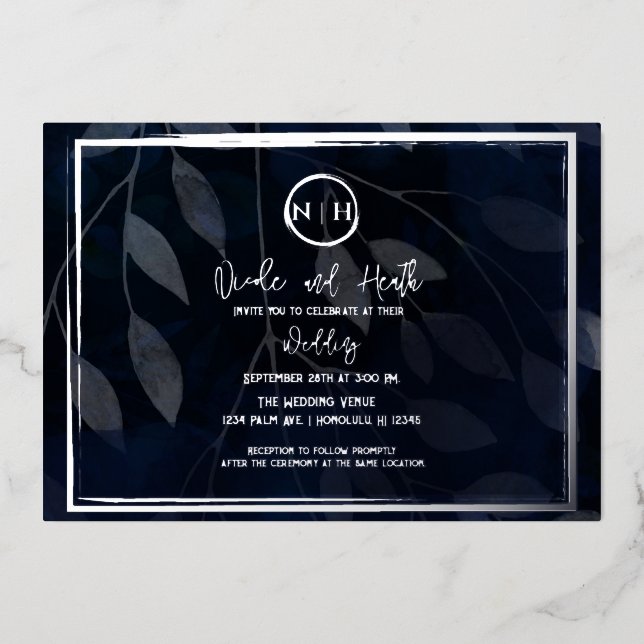 Invitation En Aluminium Botanique foncé Elégant Marine Bleu & Mariage Arge (Recto)