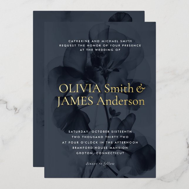 Invitation En Aluminium Botanique Moody foncé superposition Mariage bleu o (Recto/Verso)