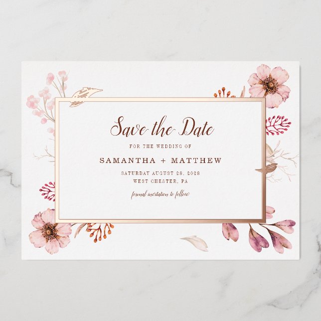 Invitation En Aluminium Botanique rose florale Enregistrer la date Mariage (Recto)