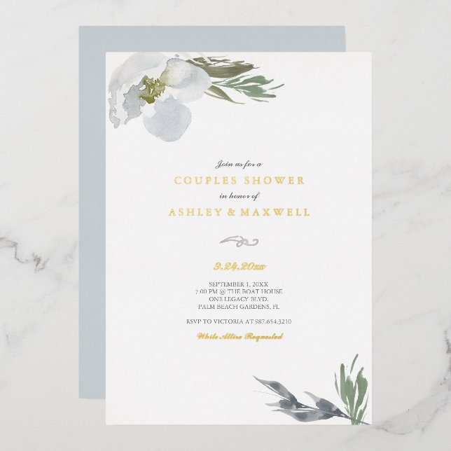 Invitation En Aluminium Botanique Vert & Blanc Douche Aquarelle Florales (Recto/Verso)