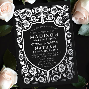 Invitation En Aluminium Bouclier d'épée noir Mariage Monogramme Médiéval