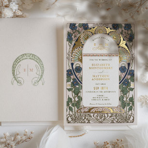 Invitation En Aluminium Bougainvillea Navy Blue Gold Mariage Art Nouveau