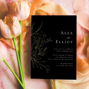 Invitation En Aluminium Bouquet Floral Élégant Noir Mariage Or