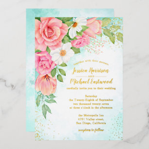 Invitation En Aluminium Bouquet rose rose or Turquoise Mariage floral