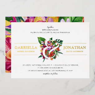 Invitation En Aluminium Bouquet Tropical & Mariage Typographie Moderne
