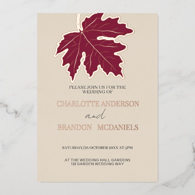 Invitation En Aluminium Bourgogne Automne Maple Leaf Mariage Rose Or (Recto)