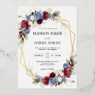 Invitation En Aluminium Bourgogne Bleu Poussiéreux Floral Géométrique