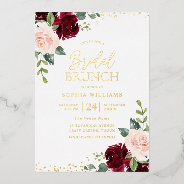 Invitation En Aluminium Bourgogne & Blush Gold Foil Fête des mariées Brunc (Recto)