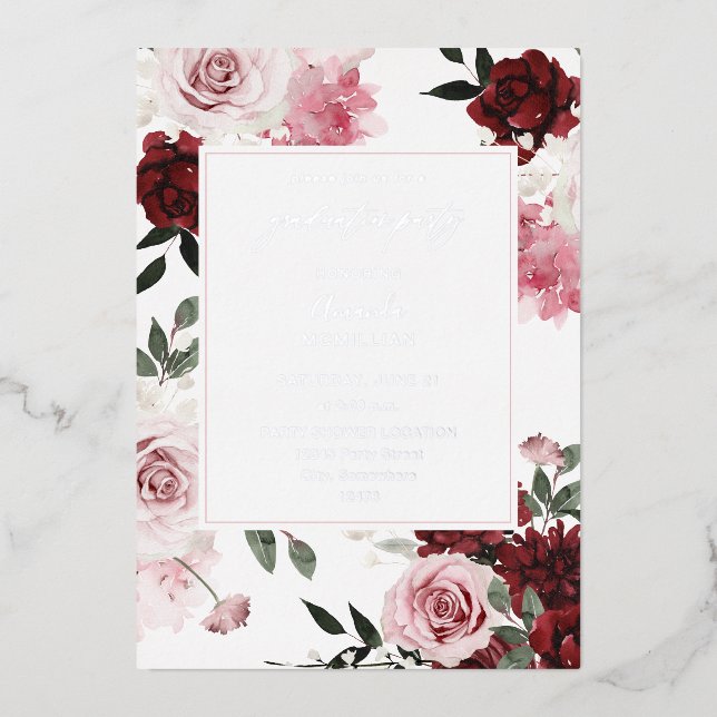 Invitation En Aluminium Bourgogne & Blush Pink 6 Floral Graduation Party (Recto)