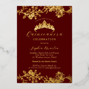 Invitation En Aluminium Bourgogne doré Élégant Quinceanera Vintage 