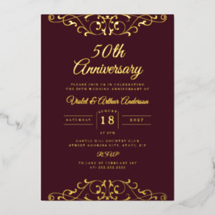 Invitation En Aluminium Bourgogne doré tourbillon 50e anniversaire de mari