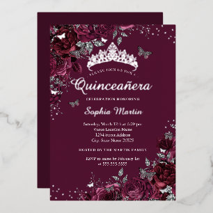 Invitation En Aluminium Bourgogne Élégant Floral Argent Quinceanera